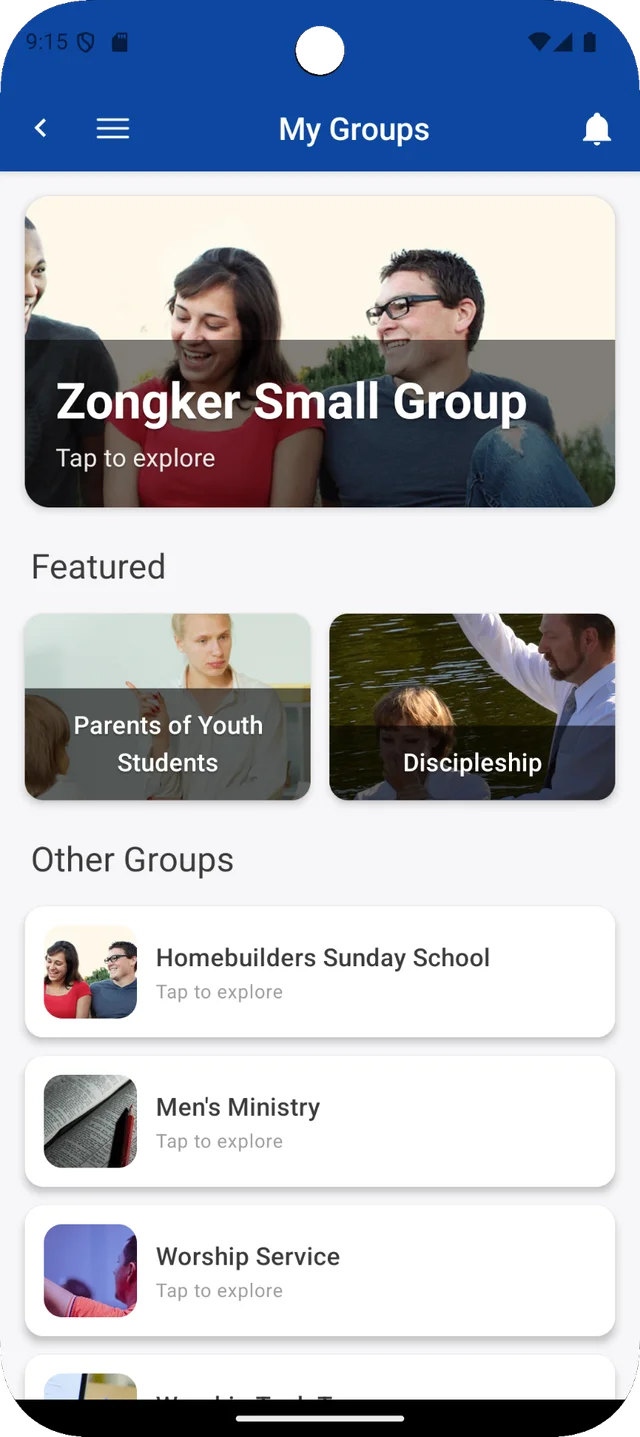 B1 mobile app groups screen