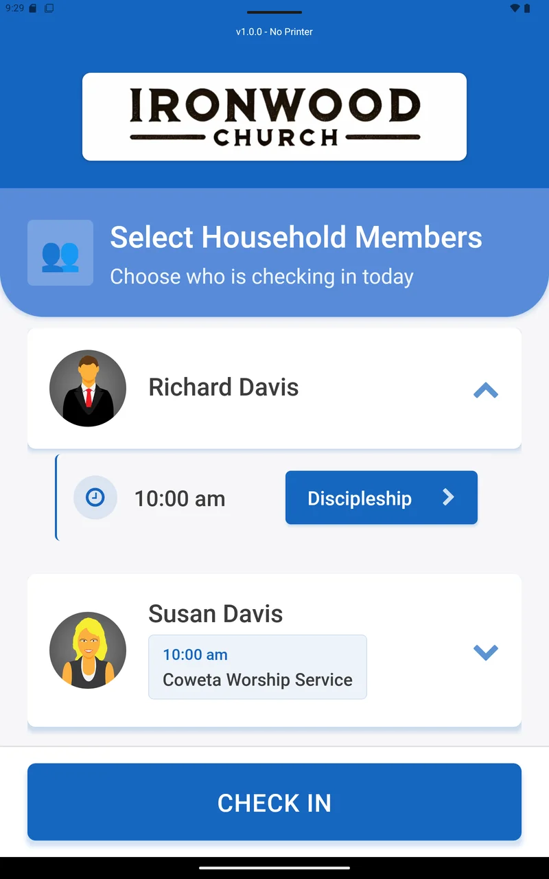 B1Checkin kiosk household check-in screen