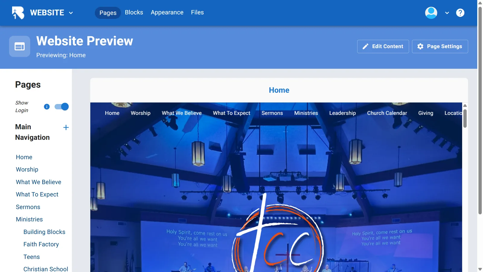 B1 church website builder editing a church home page